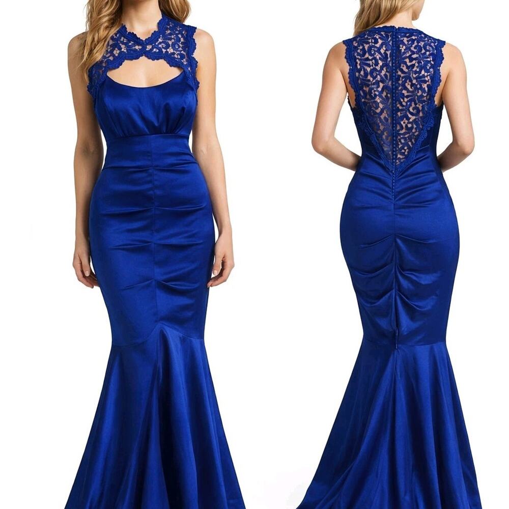 Xscape Royal blue Mermaid Formal dress Lace Back Ruched Gown Sz 6 Prom